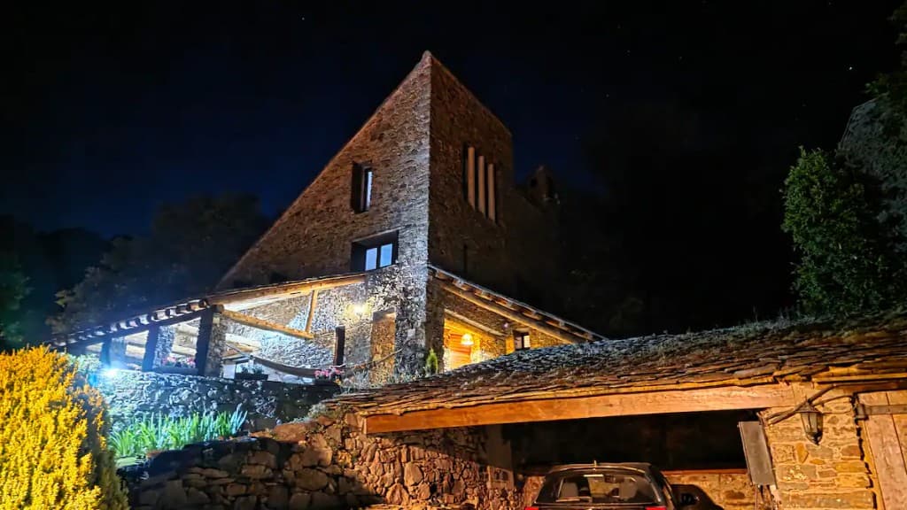 Cal Brugués lit up at night