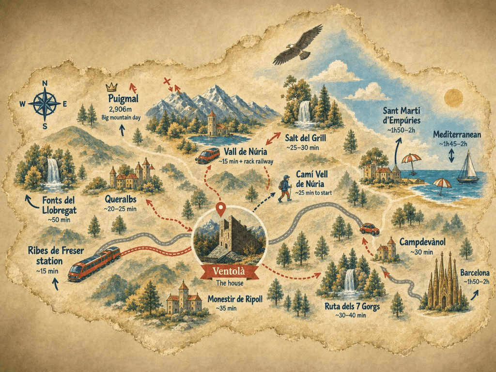 Illustrated watercolour map of Ventolà and nearby mountains, waterfalls, villages and day trips across Catalunya